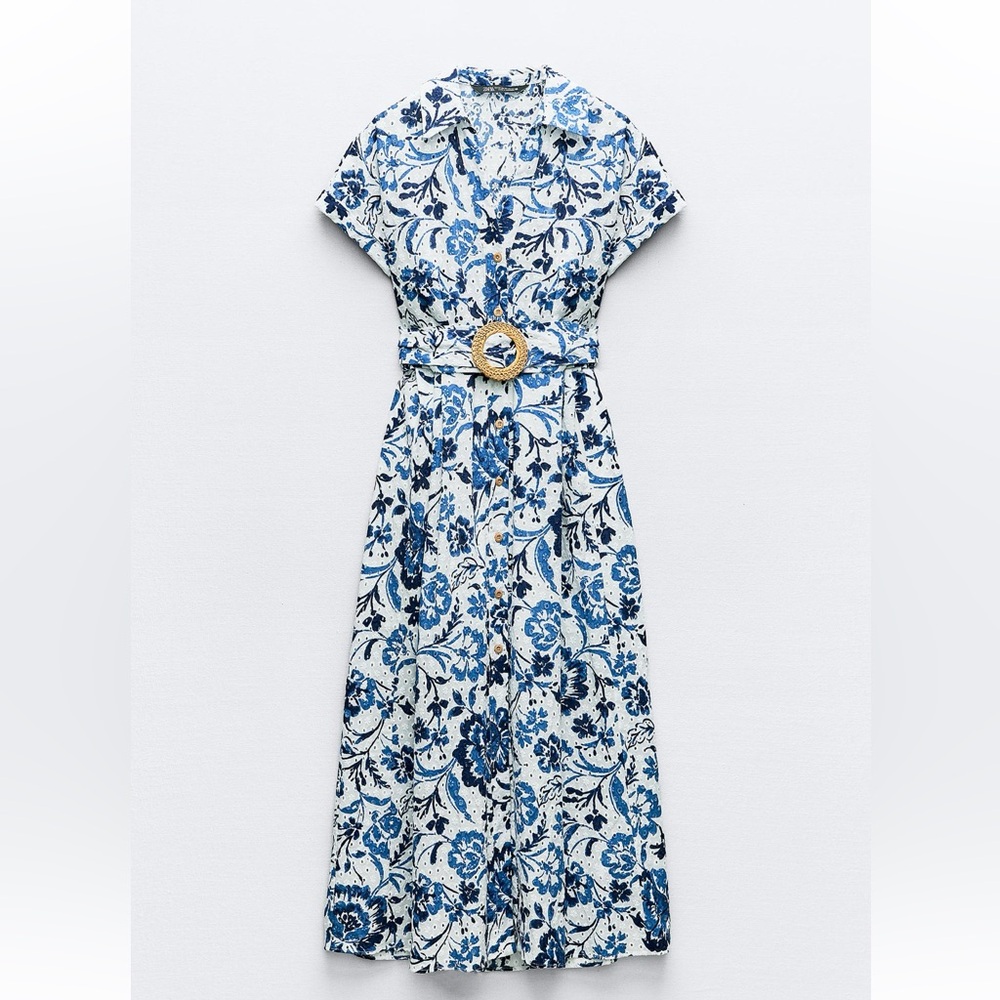 Zara Blue and White Wrap Sundress with Notched Collar